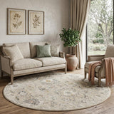 8' Cream Black And Yellow Floral Distressed Round Rug