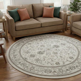 8' Ivory Brown And Gray Floral Distressed Round Rug