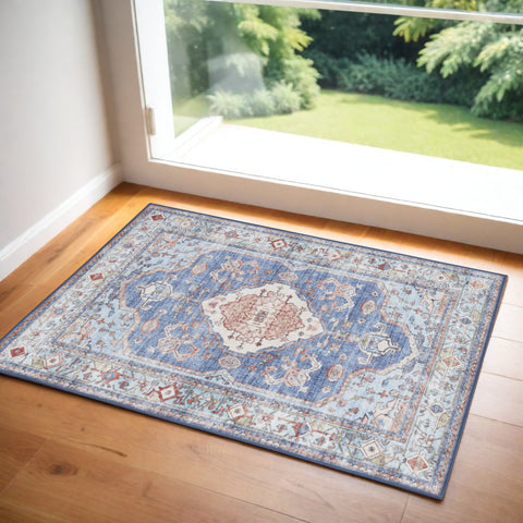 2' X 3' Ivory Red and Blue Oriental Distressed Non Skid Area Rug