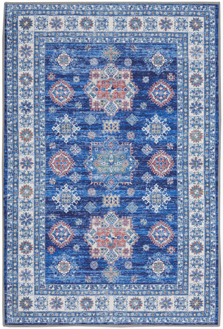 2' X 3' Ivory and Blue Oriental Distressed Non Skid Area Rug