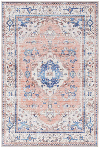 2' X 3' Ivory Blue and Coral Oriental Distressed Non Skid Area Rug