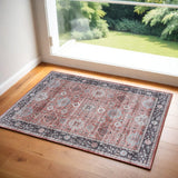 2' X 3' Brick Red and Black Oriental Distressed Non Skid Area Rug