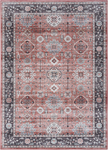 2' X 3' Brick Red and Black Oriental Distressed Non Skid Area Rug