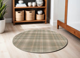 5' Olive Green and Ivory Plaid Round Rug