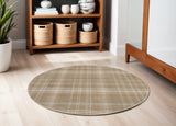 5' Taupe and Ivory Plaid Round Rug