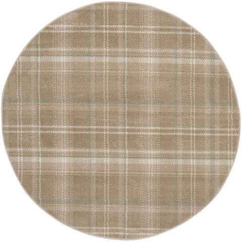 5' Taupe and Ivory Plaid Round Rug