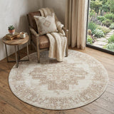 5' Ivory Floral Power Loom Worn Faded Round Rug