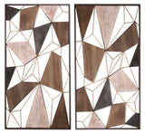 Set of Two Brown and Gold Geometric Wood and Metal Hanging Dimensional Sculptures