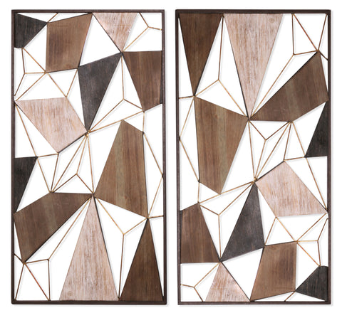 Set of Two Brown and Gold Geometric Wood and Metal Hanging Dimensional Sculptures