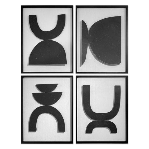 Set of Four Black And White Metal Modern Abstract Geometric Shapes Framed Art