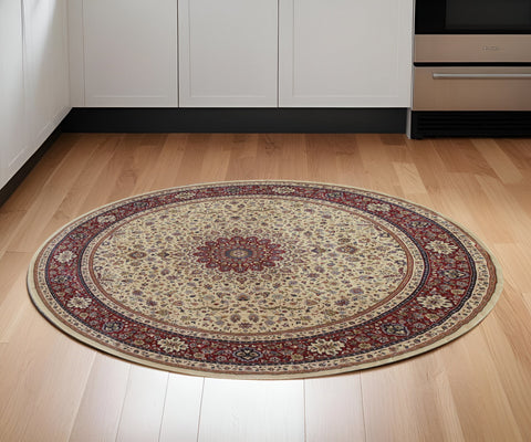 6' Ivory And Red Oriental Round Rug