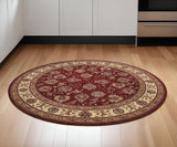 6' Red And Ivory Oriental Round Rug