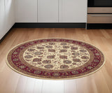 6' Ivory And Red Oriental Round Rug