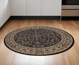 6' Black And Ivory Oriental Round Rug