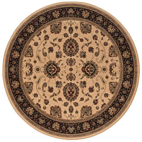 6' Ivory And Black Oriental Round Rug