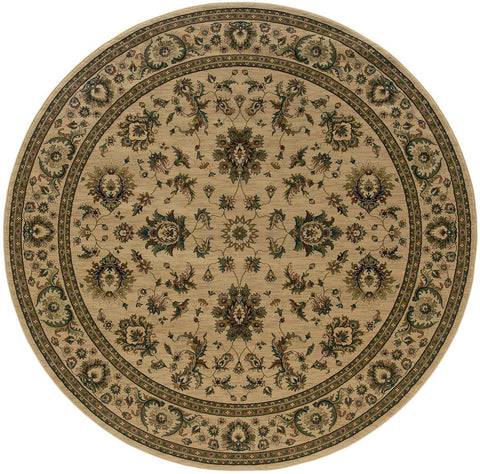 6' Ivory And Green Oriental Round Rug