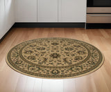 6' Ivory And Green Oriental Round Rug