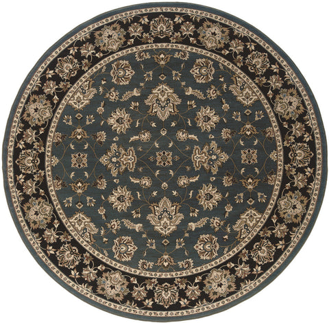6' Slate Blue Black and Ivory Floral Round Rug