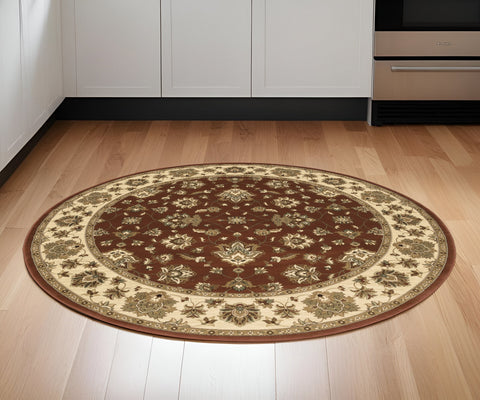 6' Red and Ivory Floral Round Rug