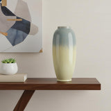 16" Blue And Cream Reactive Glaze Ceramic Cylinder Table Vase