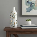 12" White Green And Gold Floral Leaf Bud Ceramic Table Vase