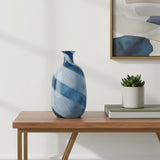 16" Blue And White Striped Swirl Art Glass Table Vase