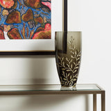 15" Dark Olive Green And Gold Branch Patterned Glass And Aluminum Table Vase