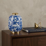 11" Blue White And Gold Chinoiserie Floral Porcelain Table Vase