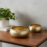 Set of Two Gold Aluminum Hammered Round Centerpiece Bowls