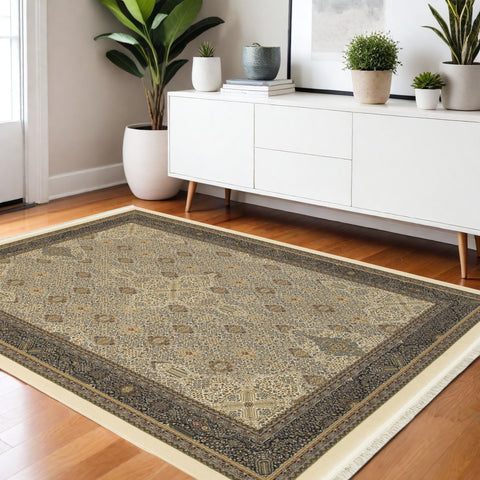 4' X 5' Ivory And Dark Blue Medallion Area Rug With Fringe