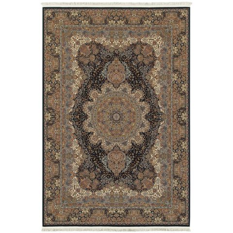 4' X 5' Dark Blue Black And Teal Medallion Area Rug With Fringe