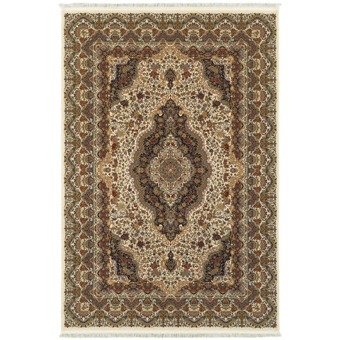 4' X 5' Ivory Black And Brown Medallion Area Rug With Fringe