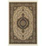 4' X 5' Ivory Black And Tan Medallion Area Rug With Fringe