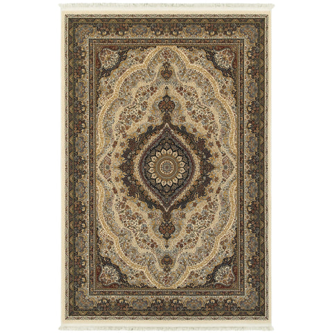 4' X 5' Ivory Black And Tan Medallion Area Rug With Fringe