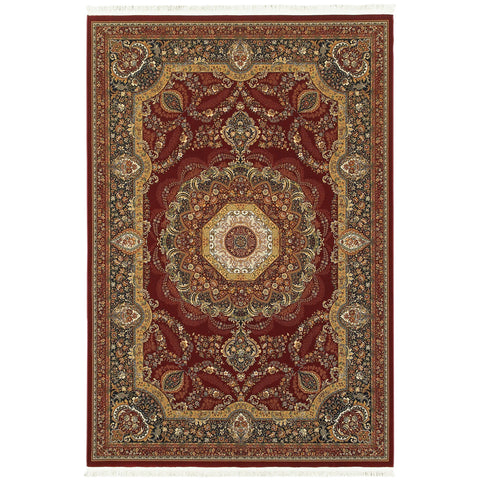4' X 5' Black Red And Tan Medallion Area Rug With Fringe