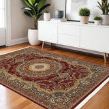 4' X 5' Black Red And Tan Medallion Area Rug With Fringe