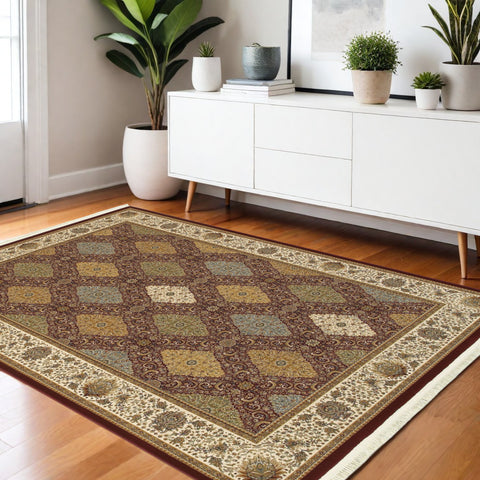 4' X 5' Red Tan And Ivory Oriental Area Rug With Fringe