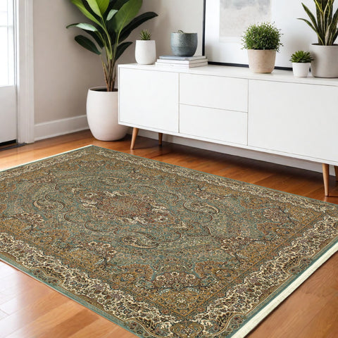 4' X 5' Blue And Gold Medallion Area Rug With Fringe