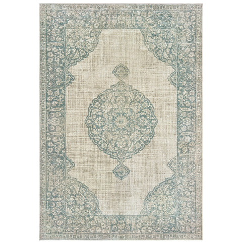 5' X 8' Ivory And Blue Oriental Distressed Area Rug
