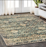 5' X 8' Blue And Ivory Geometric Distressed Area Rug