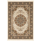 5' X 8' Ivory Black And Tan Medallion Area Rug With Fringe