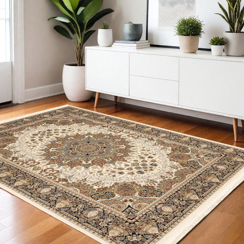 4' X 5' Ivory Black And Tan Medallion Area Rug With Fringe