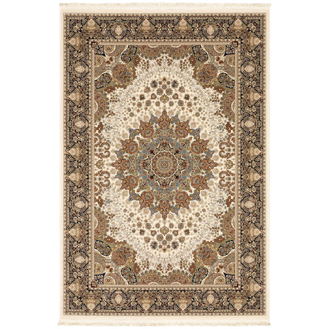 4' X 5' Ivory Black And Tan Medallion Area Rug With Fringe