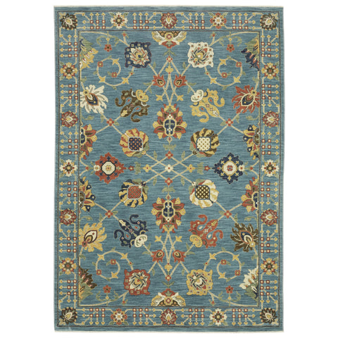 5' X 8' Blue Yellow And Ivory Oriental Area Rug With Fringe