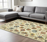 7' X 10' Ivory Yellow And Orange Oriental Area Rug With Fringe