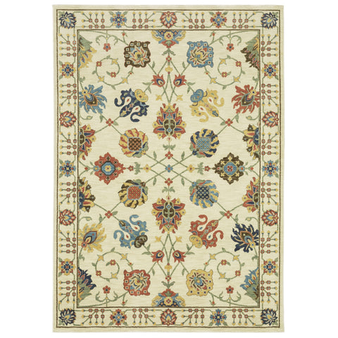 7' X 10' Ivory Yellow And Orange Oriental Area Rug With Fringe