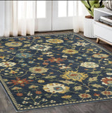5' X 8' Blue And Gold Oriental Area Rug With Fringe