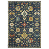 7' X 10' Blue And Gold Oriental Area Rug With Fringe