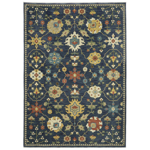 7' X 10' Blue And Gold Oriental Area Rug With Fringe