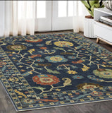 5' X 8' Blue And Gold Oriental Area Rug With Fringe